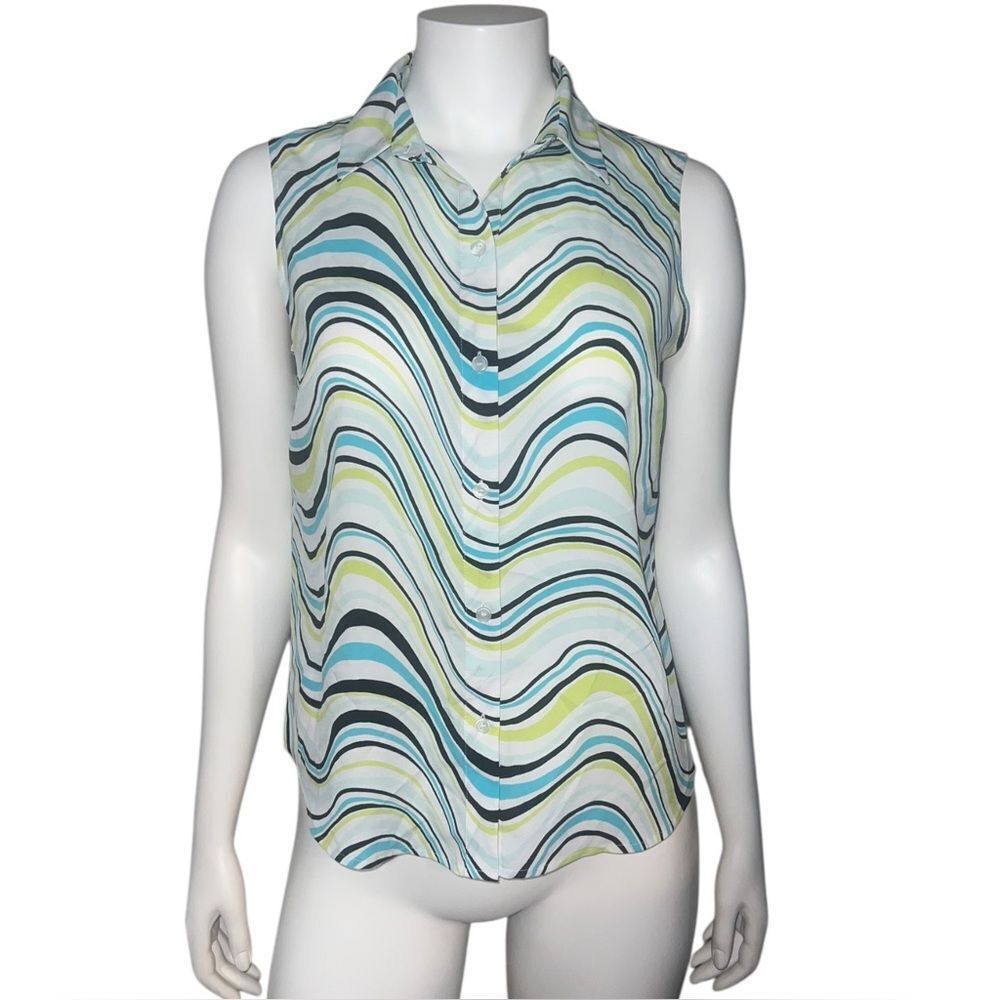 Jones New York Women's Sleeveless Blouse Multicolor Button Down 10 Petite EUC